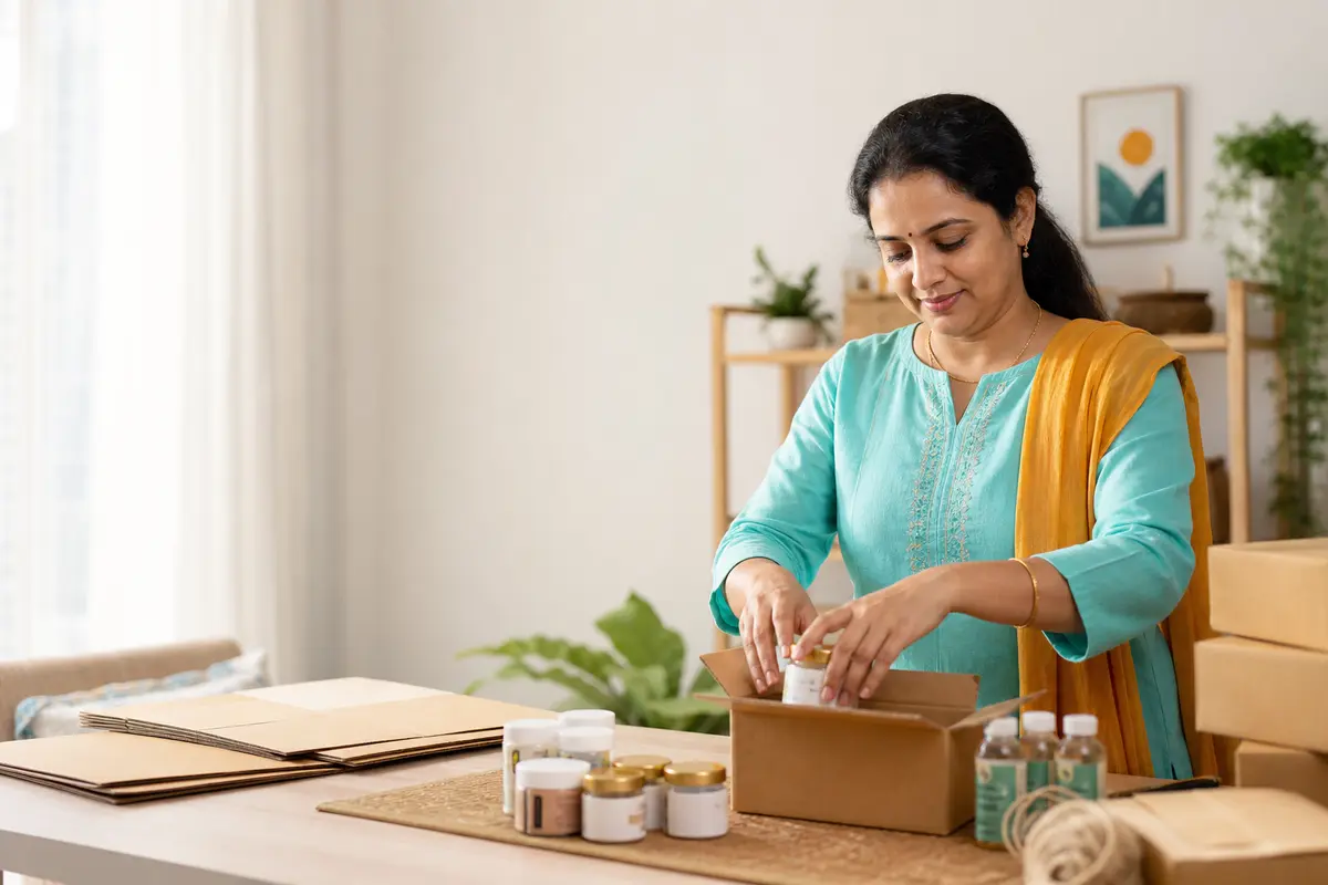 Homemaker packing products at a work table